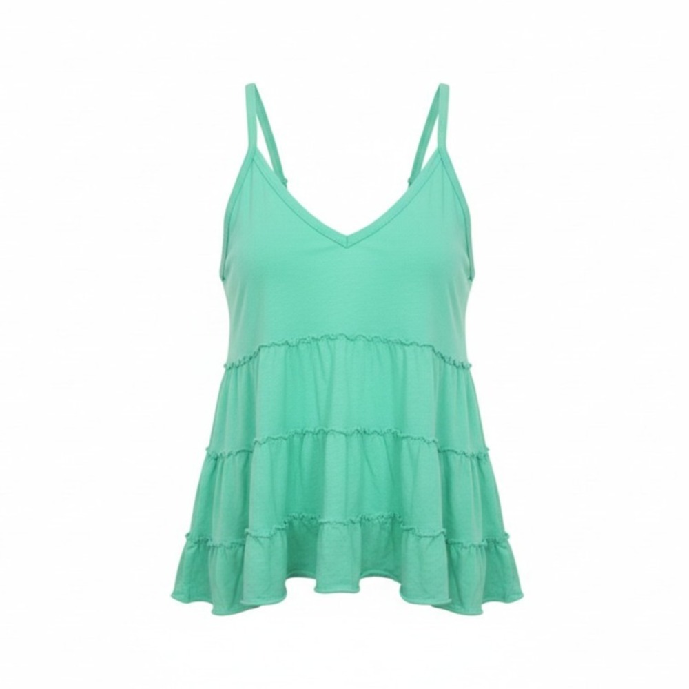 American Eagle Trapeze Tank Top Tiered Ruffle Green Medium Coastal Cottage Core